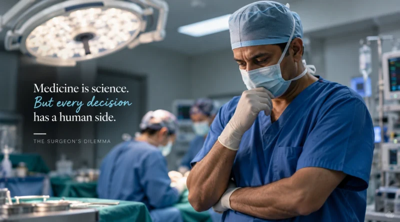 Surgeon reflecting on a difficult surgical decision in an operating room
