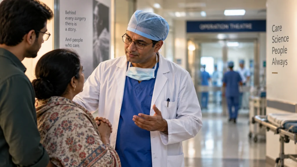 Surgeon speaking compassionately with a patient's family in a hospital