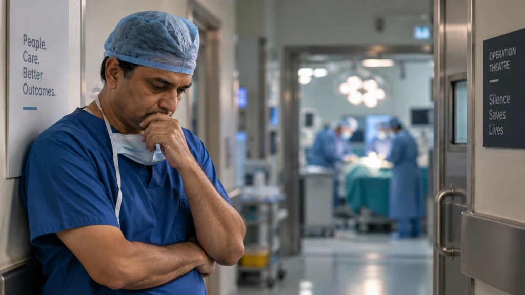 Surgeon reflecting outside an operating theatre before surgery