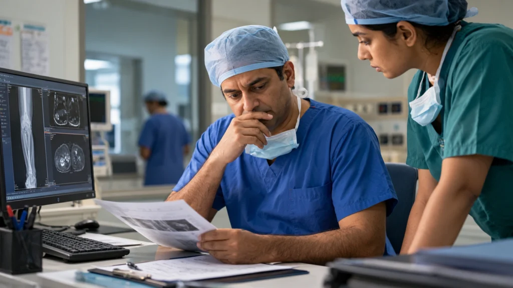 Surgeon reviewing medical scans before a difficult clinical decision