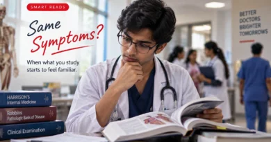 Medical Students को पढ़ी हुई बीमारी अपने अंदर क्यों दिखने लगती है? Third Year Syndrome समझिए Medical student studying symptoms in a hospital setting