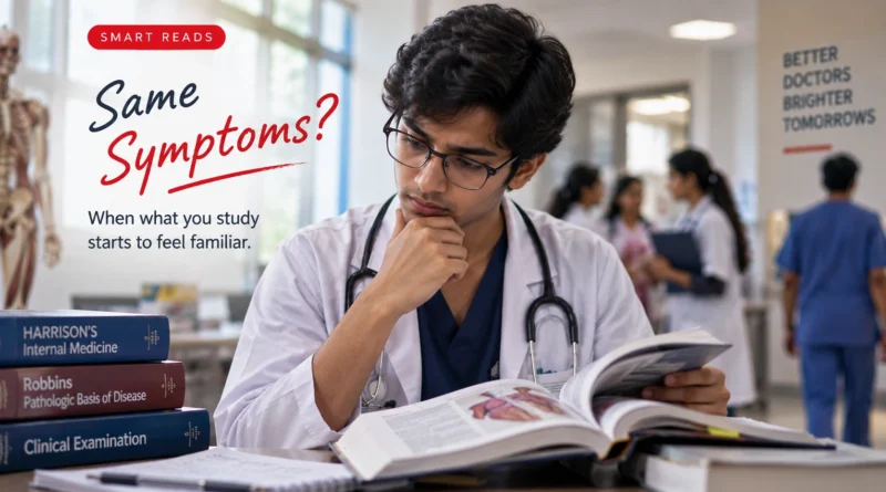 Medical student studying symptoms in a hospital setting