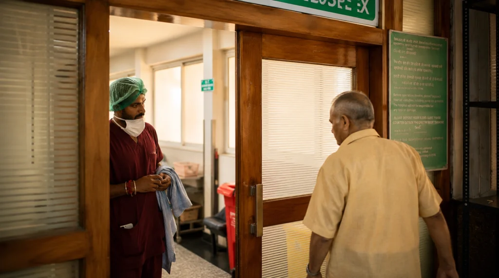 Varinder Jeet Singh in maroon scrubs speaking with an elderly patient in a hospital corridor