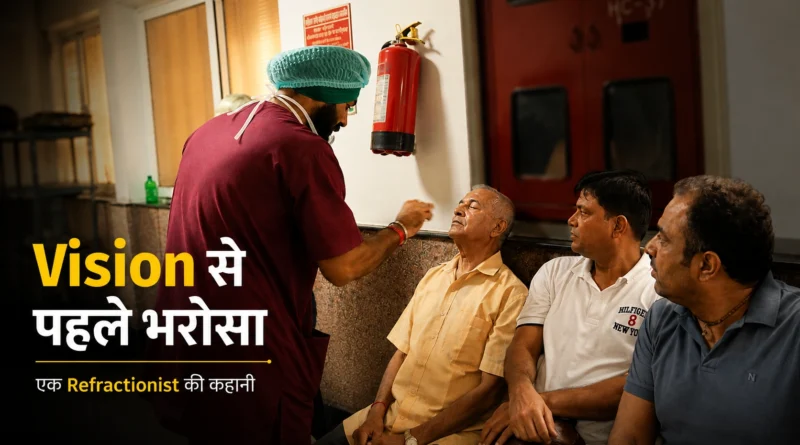Varinder Jeet Singh assisting an elderly patient in a hospital eye care setting