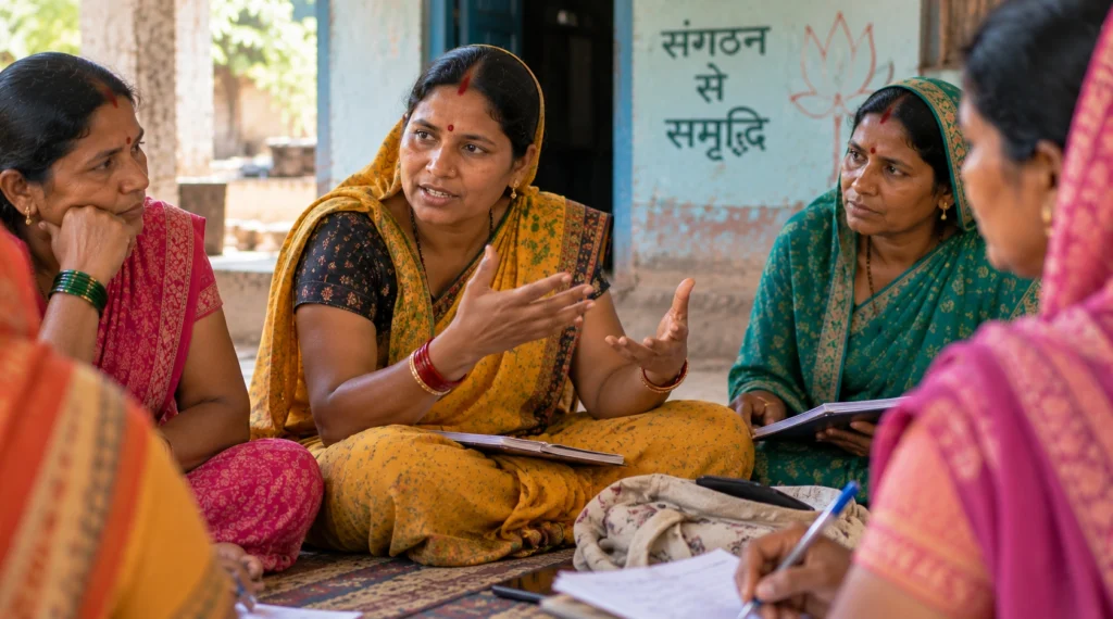 Rural women discussing decisions during a Self Help Group meeting