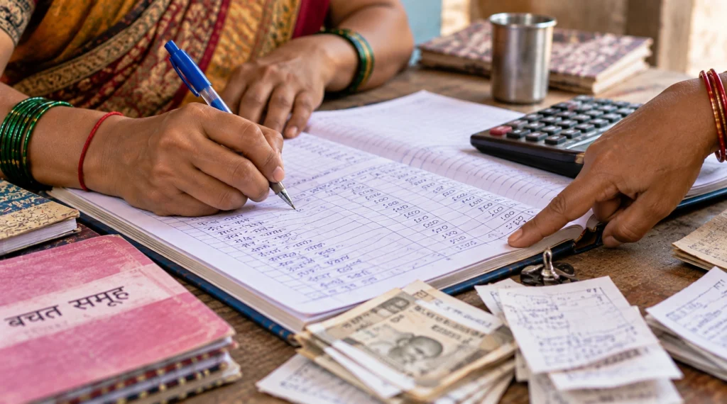 Women maintaining financial records in a Self Help Group ledger