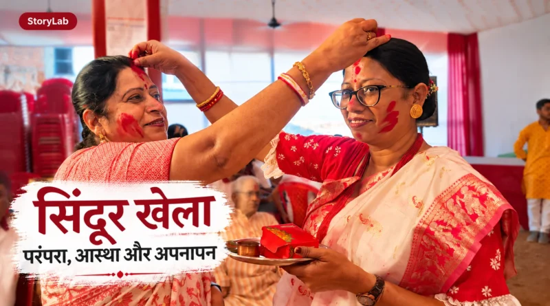 बनारस के BDS क्लब में सिंदूर खेला के दौरान एक-दूसरे को सिंदूर लगाती महिलाएँ