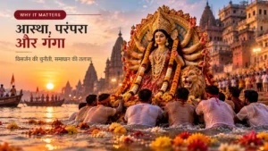 वाराणसी के घाटों पर दुर्गा प्रतिमा विसर्जन का दृश्य
