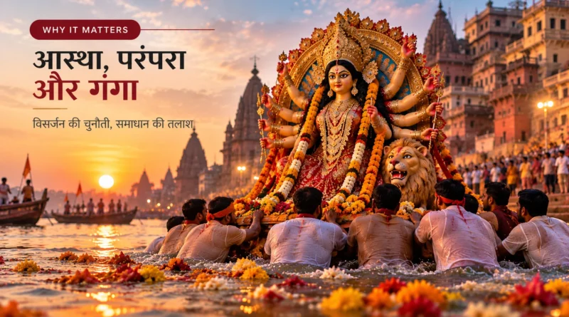 वाराणसी के घाटों पर दुर्गा प्रतिमा विसर्जन का दृश्य