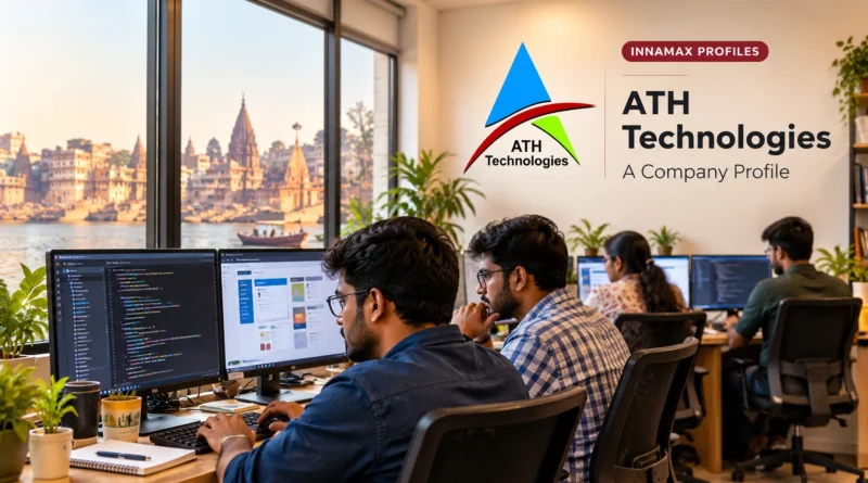 Software development team working at computers in an illustrative technology office