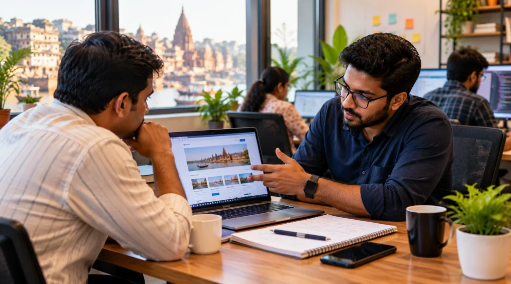 Developers reviewing a website and mobile application prototype on a laptop
