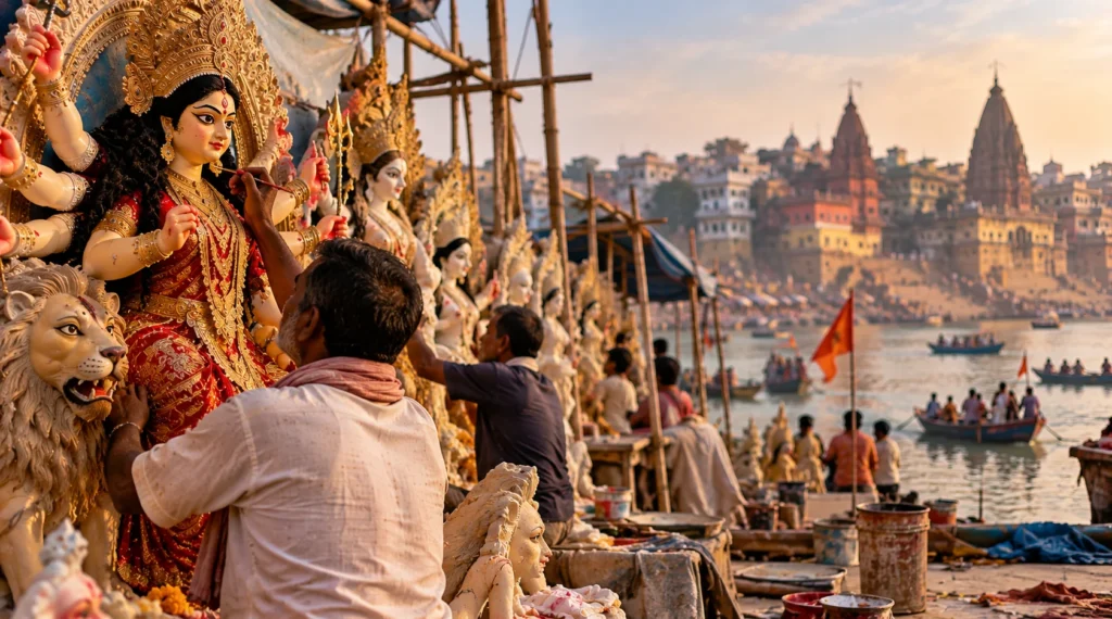 दुर्गा प्रतिमाओं को सजाते कारीगर और पीछे दिखाई देते नदी के घाट