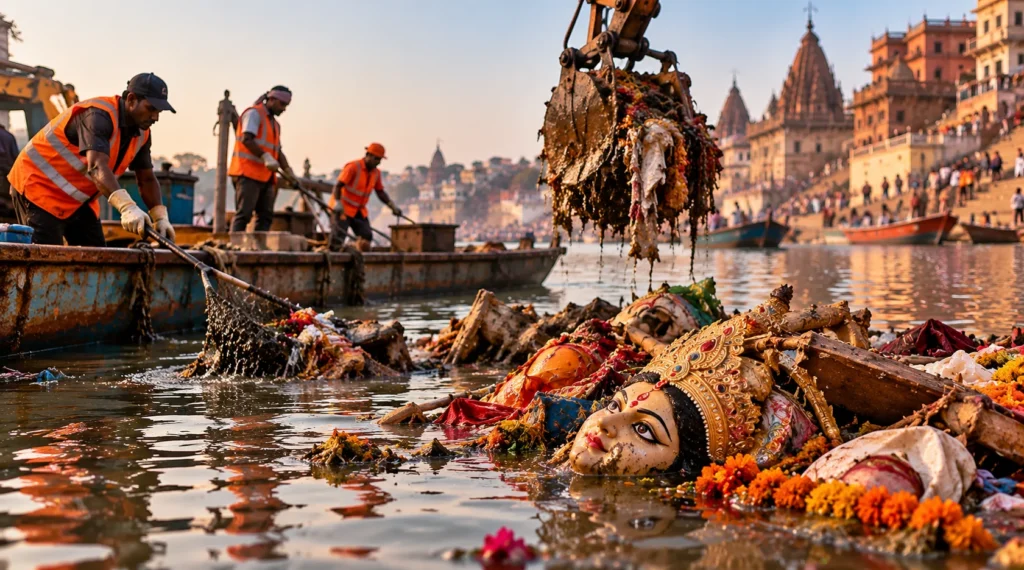 प्रतिमा विसर्जन के बाद नदी से पूजा सामग्री और अवशेष हटाते सफाईकर्मी