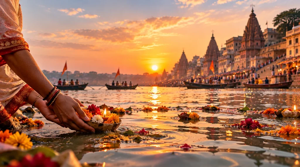 गंगा में फूल और दीप अर्पित करते श्रद्धालु के हाथ