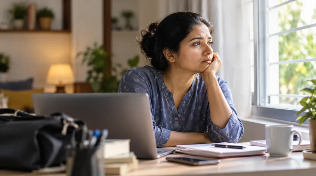काम के बाद घर पर बैठी चिंतन करती महिला