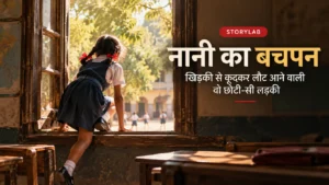 नानी के बचपन में स्कूल की खिड़की से बाहर निकलती छोटी लड़की का दृश्य