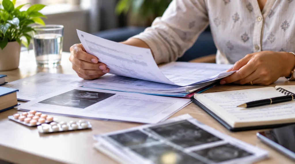 Consultation से पहले medical reports और prescriptions व्यवस्थित करता मरीज