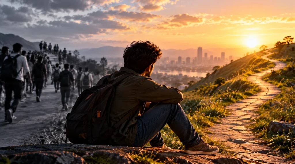 A young man standing on a rocky viewpoint overlooking a city at sunrise.