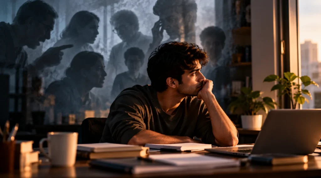 An Indian professional reflecting on self-doubt while blurred figures appear in the background.