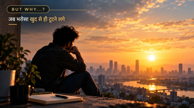 An Indian professional reflecting on self-doubt while blurred figures appear in the background.