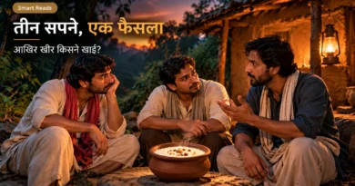 तीन दोस्त, एक भगोना खीर और तीन सपने: आखिर खीर किसने खाई? तीन दोस्त जंगल में खीर के बर्तन के पास बैठे हुए