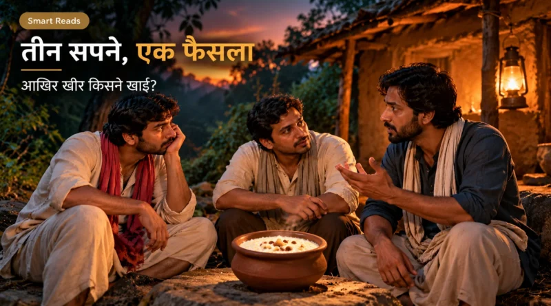 तीन दोस्त जंगल में खीर के बर्तन के पास बैठे हुए