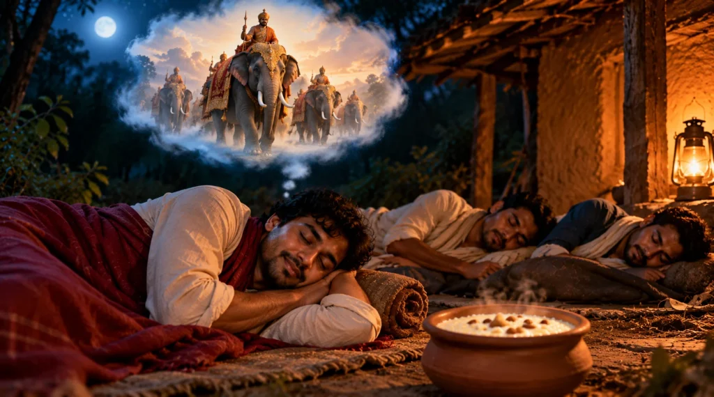 जंगल में सोते दोस्त और राजा बनने का सपना देखता एक युवक