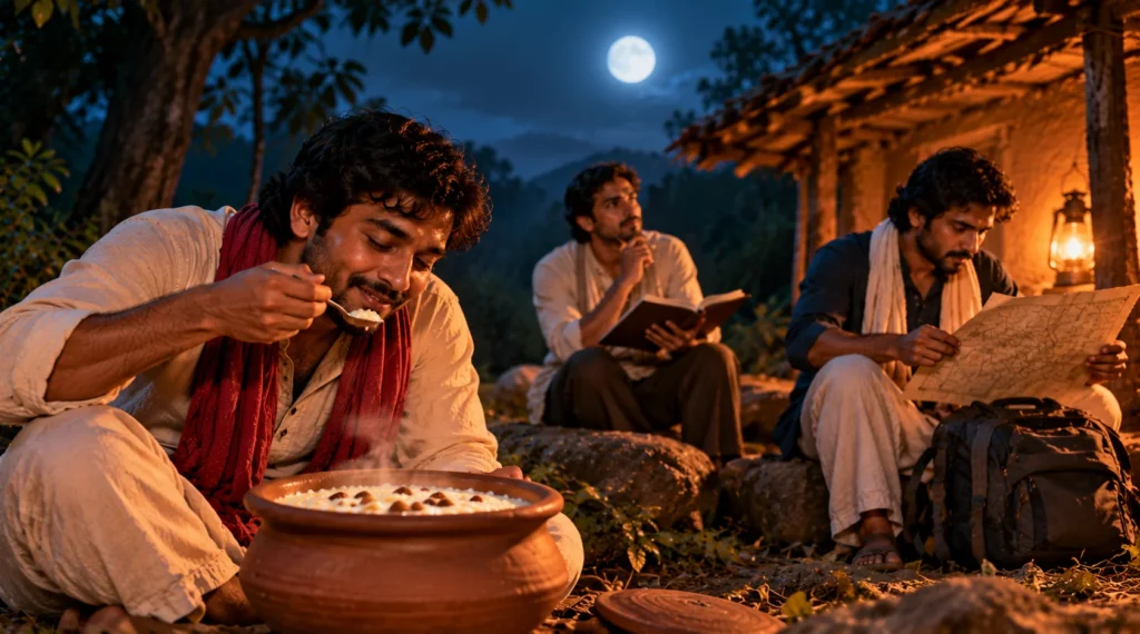 जंगल की झोपड़ी के पास मिट्टी के बर्तन से खीर खाता एक दोस्त