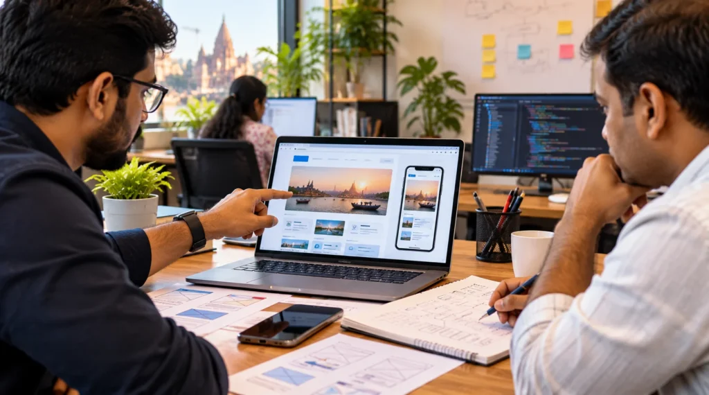 Business owner and technology consultant reviewing a website interface on a laptop